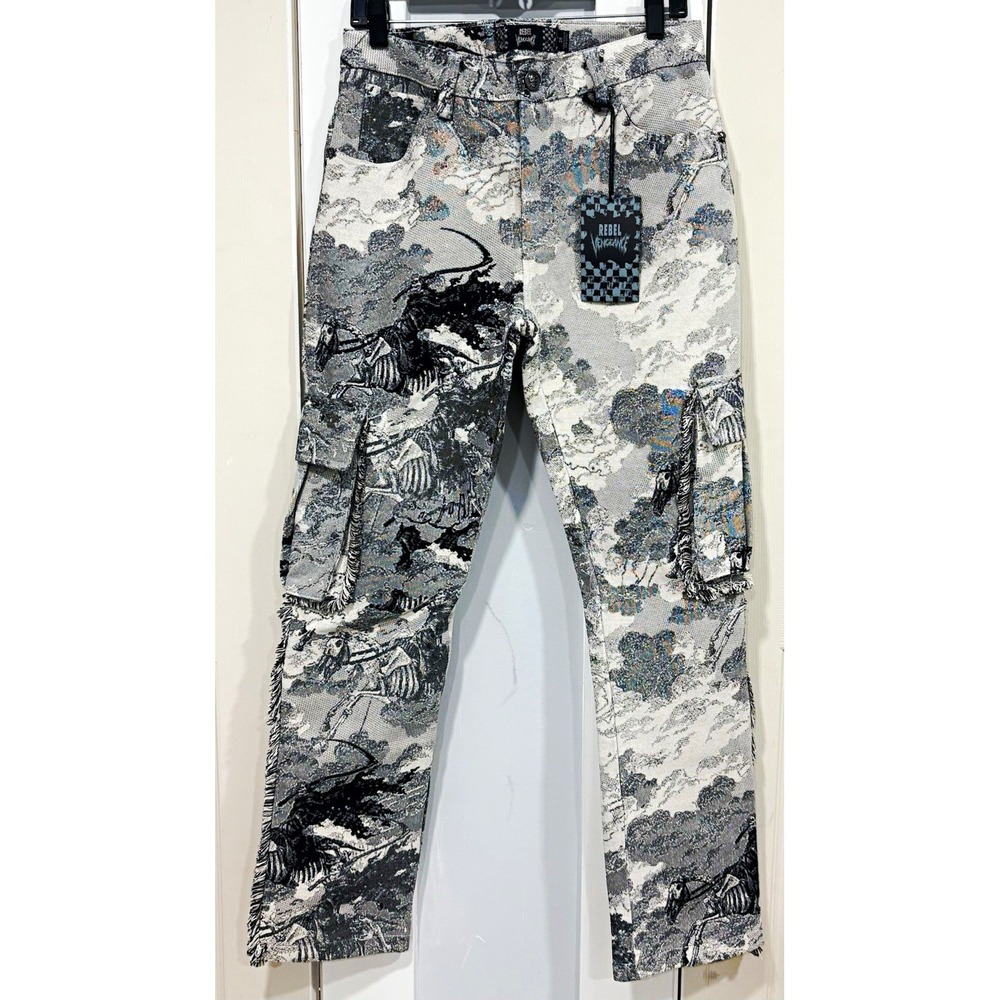 Rebel Vengeance Tapestry Cargo Pants Men's 26 Skeleton Horse Fringe NWT